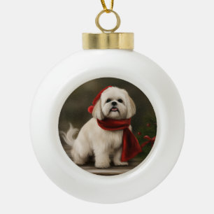 Lhasa Apso Dog in Snow Christmas Ceramic Ball Christmas Ornament