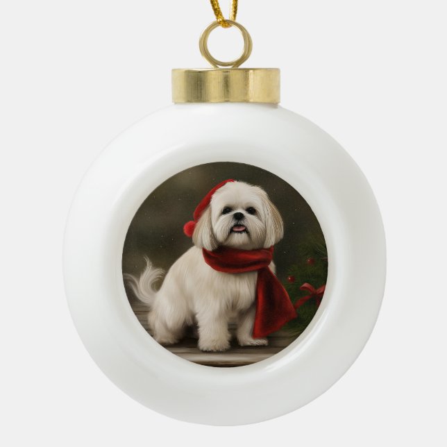 Lhasa Apso Dog in Snow Christmas Ceramic Ball Christmas Ornament (Front)