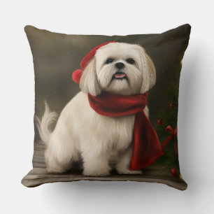 Lhasa Apso Dog in Snow Christmas Cushion