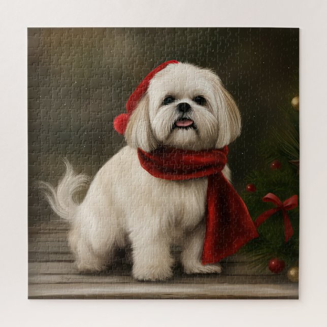 Lhasa Apso Dog in Snow Christmas Jigsaw Puzzle (Vertical)