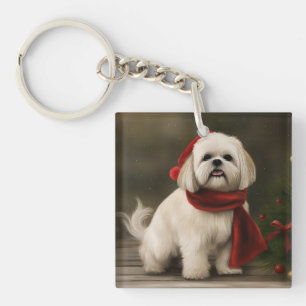 Lhasa Apso Dog in Snow Christmas Key Ring