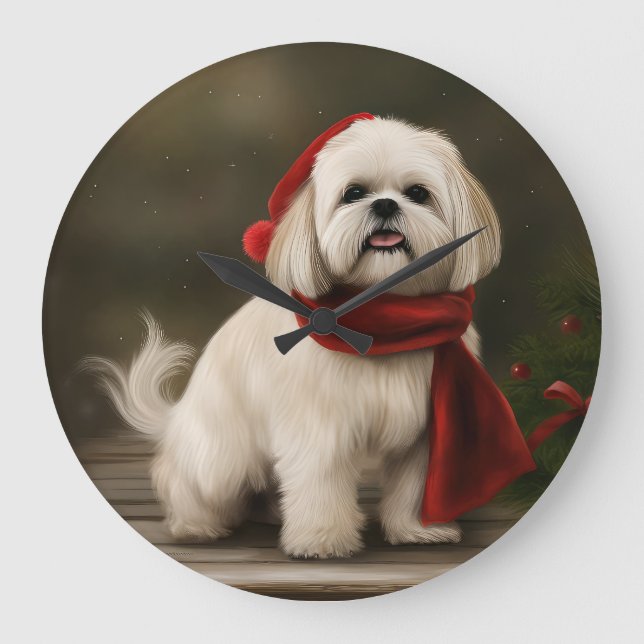 Lhasa Apso Dog in Snow Christmas Large Clock (Front)
