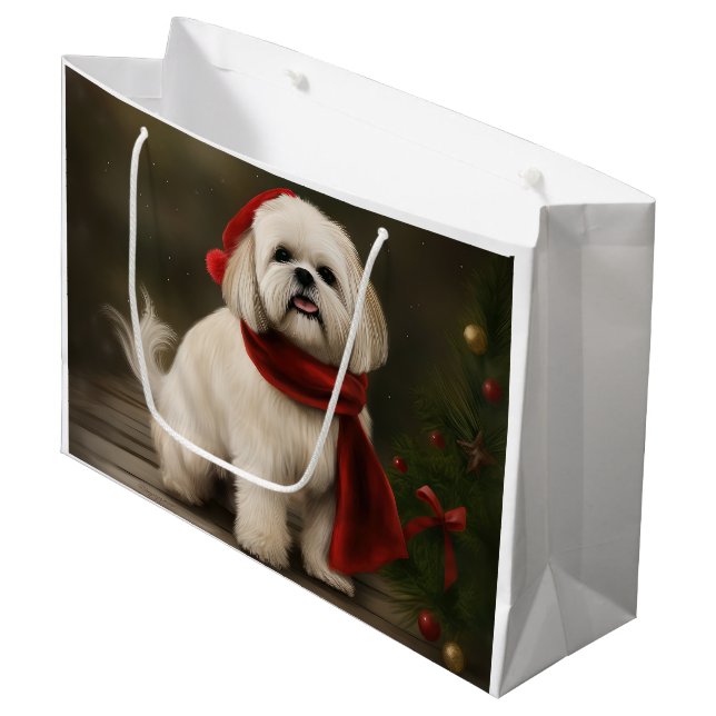 Lhasa Apso Dog in Snow Christmas Large Gift Bag (Front Angled)