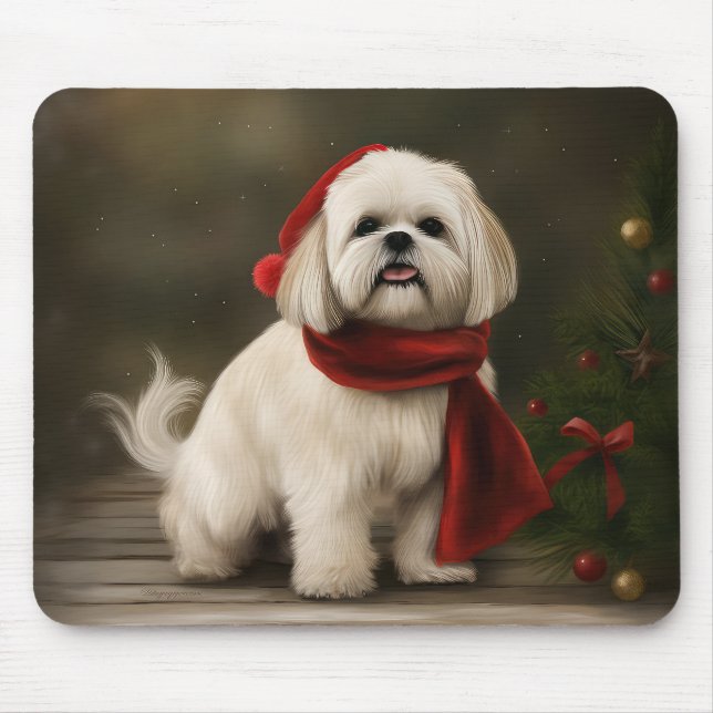 Lhasa Apso Dog in Snow Christmas Mouse Pad (Front)