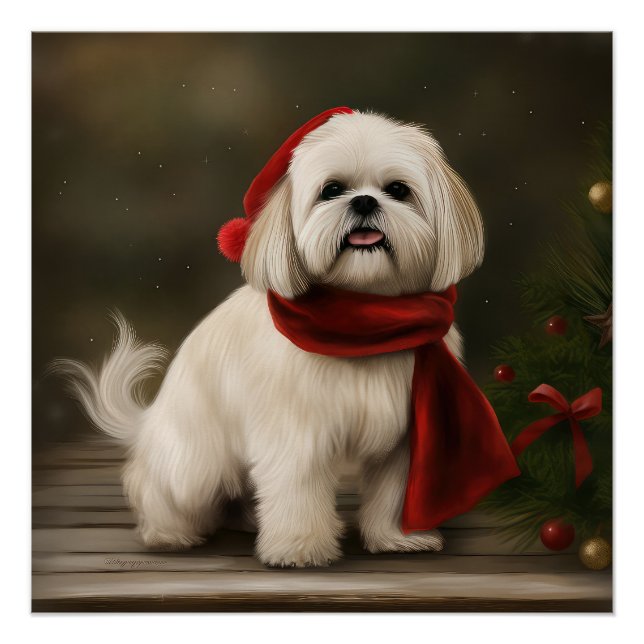Lhasa Apso Dog in Snow Christmas Poster (Front)
