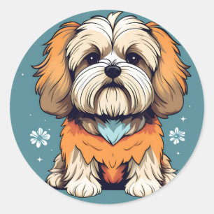 Lhasa Apso Dog On Blue Classic Round Sticker