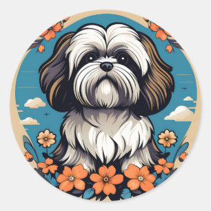 Lhasa Apso Dog Portrait With Flowers Classic Round Sticker