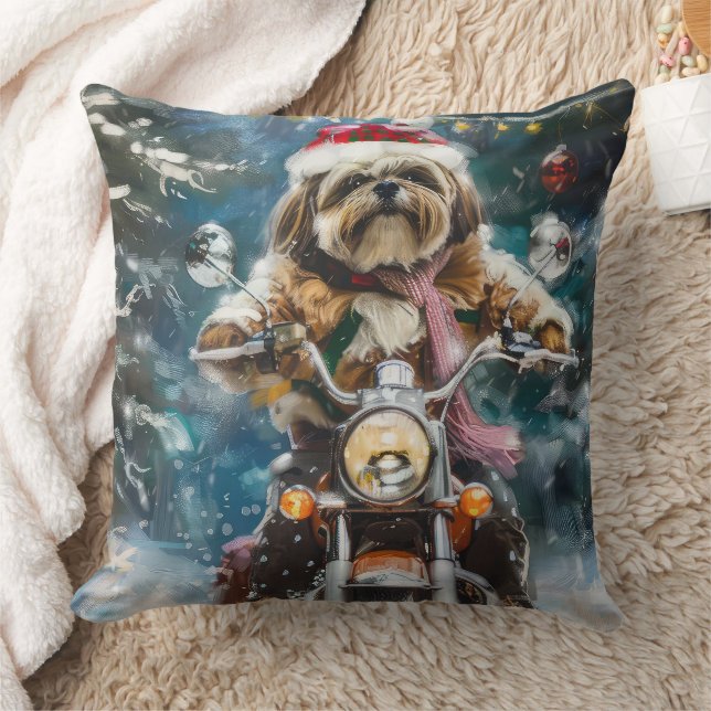 Lhasa Apso Dog Riding Motorcycle Christmas  Cushion (Blanket)