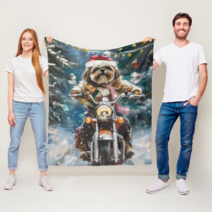 Lhasa Apso Dog Riding Motorcycle Christmas Fleece Blanket
