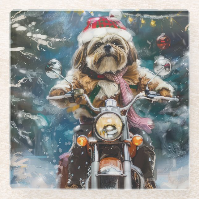 Lhasa Apso Dog Riding Motorcycle Christmas  Glass Coaster (Front)