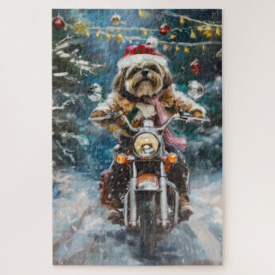 Lhasa Apso Dog Riding Motorcycle Christmas Jigsaw Puzzle