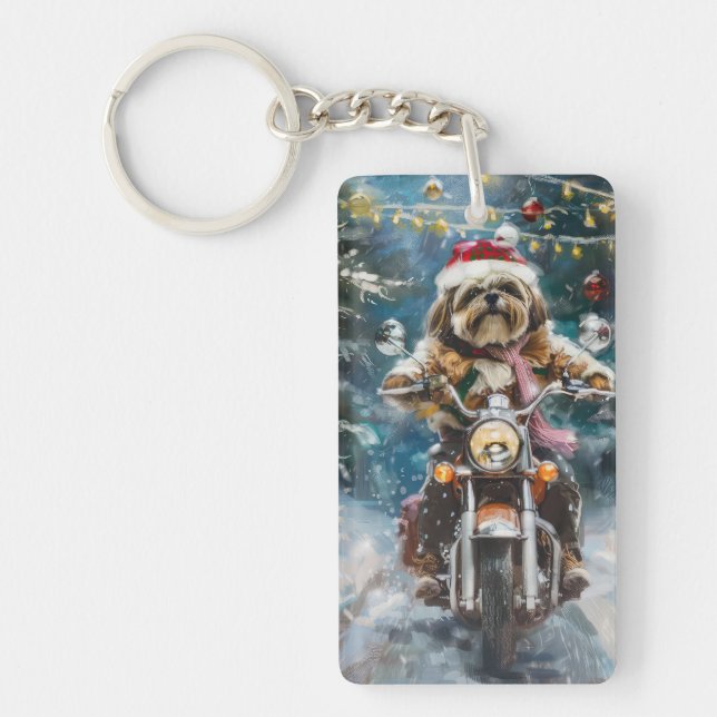 Lhasa Apso Dog Riding Motorcycle Christmas  Key Ring (Front)