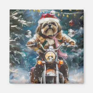Lhasa Apso Dog Riding Motorcycle Christmas  Magnet