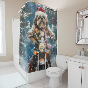 Lhasa Apso Dog Riding Motorcycle Christmas  Shower Curtain