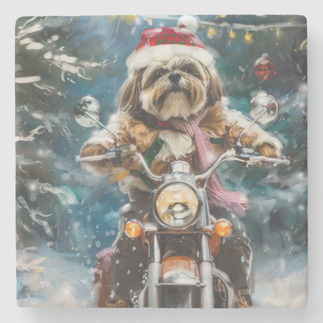 Lhasa Apso Dog Riding Motorcycle Christmas  Stone Coaster (Front)