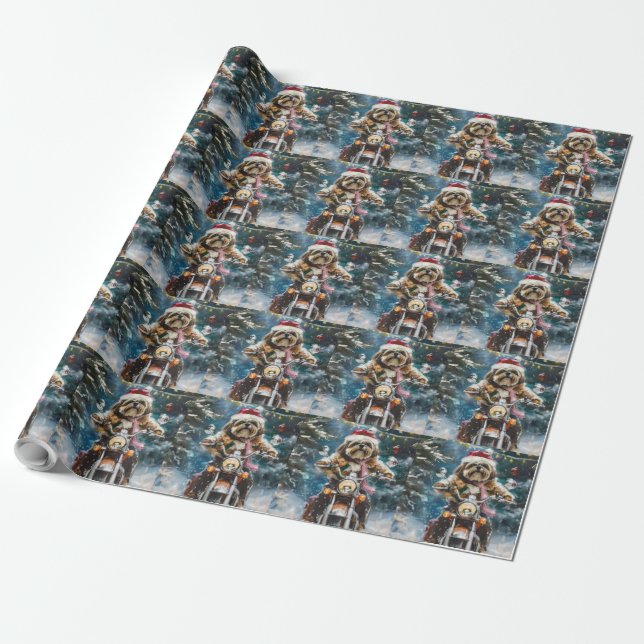 Lhasa Apso Dog Riding Motorcycle Christmas  Wrapping Paper (Unrolled)