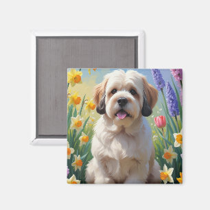Lhasa Apso Dog Spring Flowers Painting Magnet