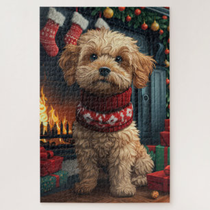 Lhasa Apso Dog With Christmas Gifts Fireplace Jigsaw Puzzle