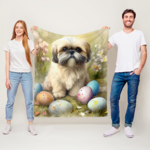 Lhasa Apso Dog with Easter Eggs Holiday Fleece Blanket