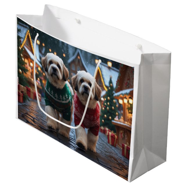 Lhasa Apso Dogs Christmas Snow Holiday Large Gift Bag (Front Angled)