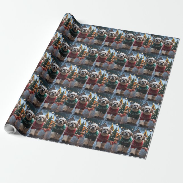 Lhasa Apso Dogs Christmas Snow Holiday Wrapping Paper (Unrolled)