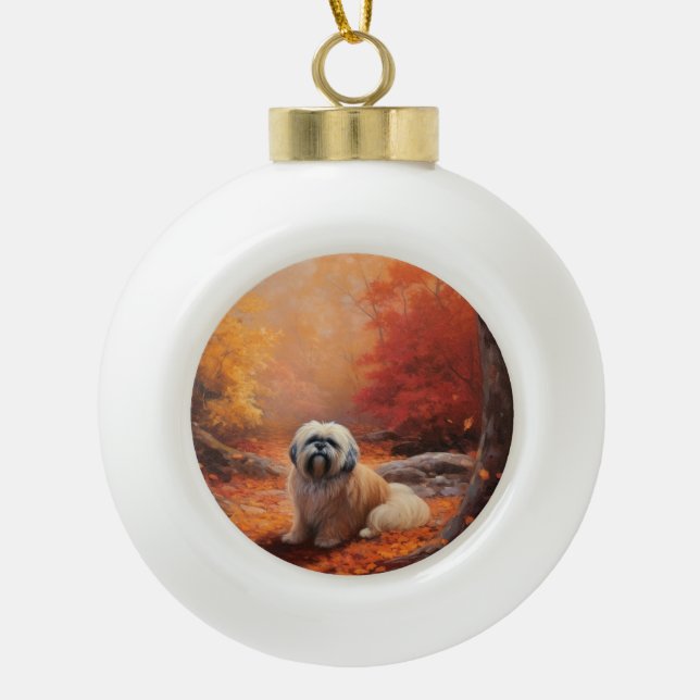 Lhasa Apso in Autumn Leaves Fall Inspire Ceramic Ball Christmas Ornament (Front)
