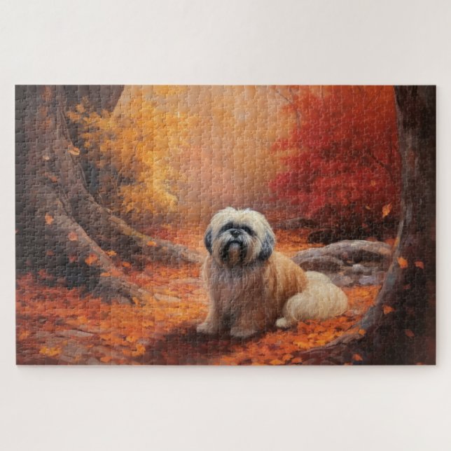 Lhasa Apso in Autumn Leaves Fall Inspire Jigsaw Puzzle (Horizontal)