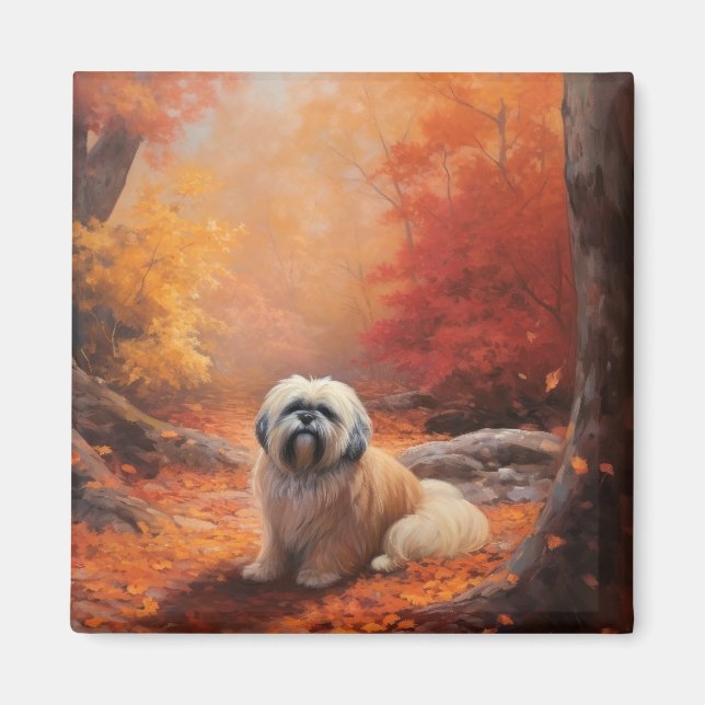 Lhasa Apso in Autumn Leaves Fall Inspire Magnet (Front)