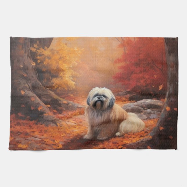 Lhasa Apso in Autumn Leaves Fall Inspire Tea Towel (Horizontal)