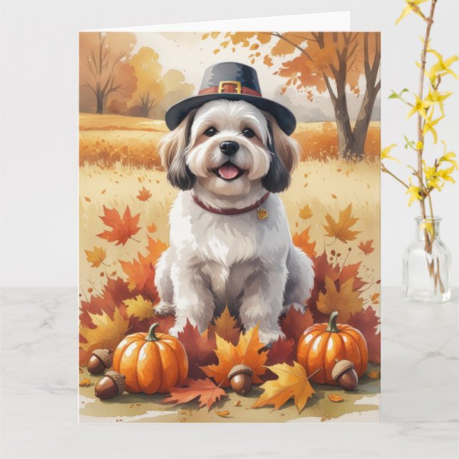 Lhasa Apso In Autumn Leaves Thanksgiving Art  Card (Yellow Flower)