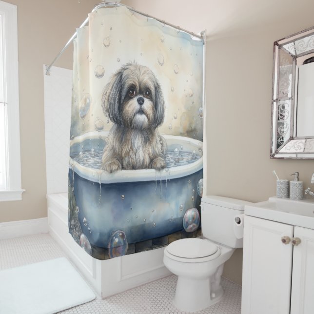 Lhasa Apso In Bathtub Watercolor Dog Art Shower Curtain (In Situ)