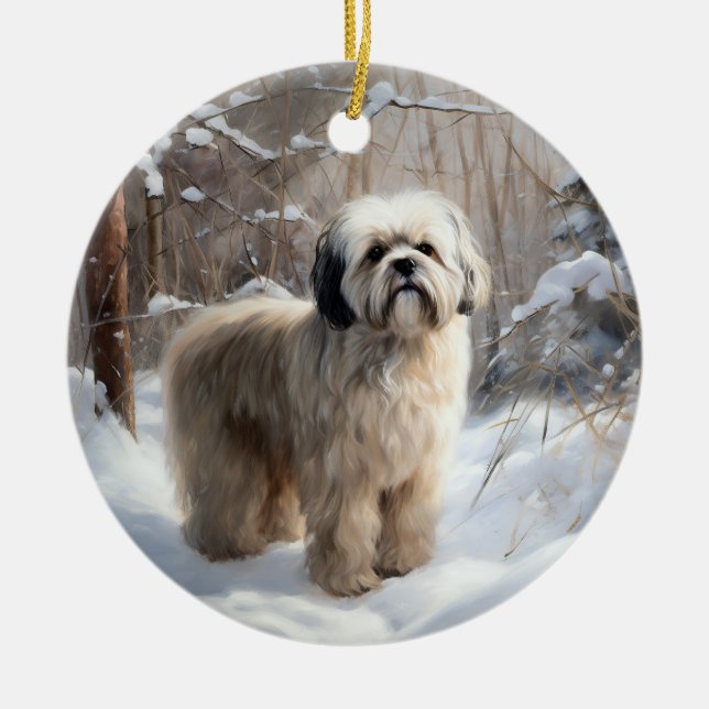 Lhasa Apso Let It Snow Christmas  Ceramic Ornament (Front)