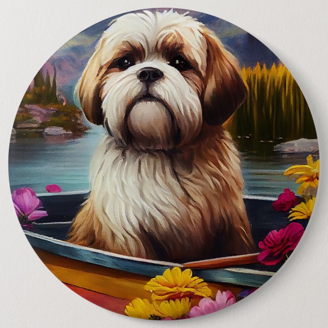 Lhasa Apso on a Paddle: A Scenic Adventure 6 Cm Round Badge (Front)
