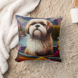 Lhasa Apso on a Paddle: A Scenic Adventure Cushion
