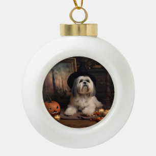 Lhasa Apso Pumpkins Halloween Scary Ceramic Ball Christmas Ornament