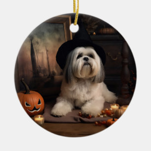 Lhasa Apso Pumpkins Halloween Scary Ceramic Ornament