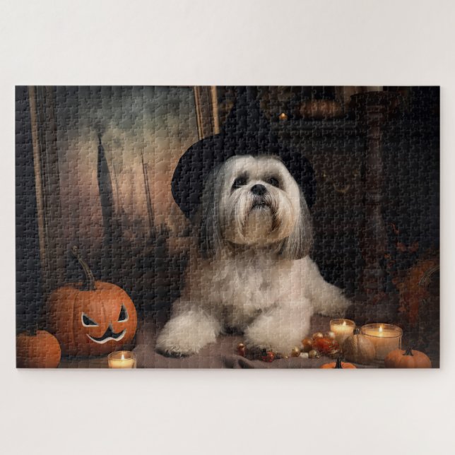 Lhasa Apso Pumpkins Halloween Scary Jigsaw Puzzle (Horizontal)