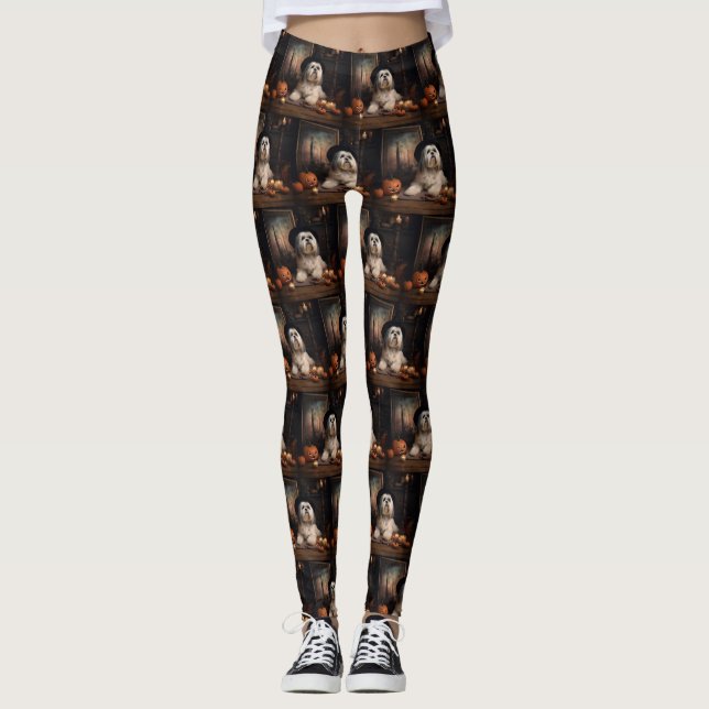 Lhasa Apso Pumpkins Halloween Scary Leggings (Front)