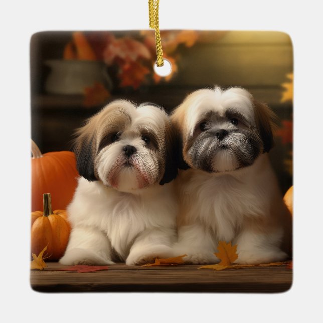 Lhasa Apso Puppy Autumn Delight Pumpkin  Ceramic Ornament (Front)