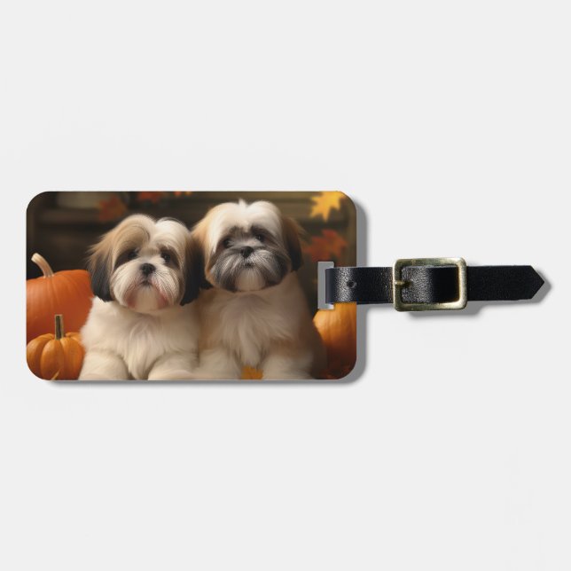 Lhasa Apso Puppy Autumn Delight Pumpkin  Luggage Tag (Front Horizontal)