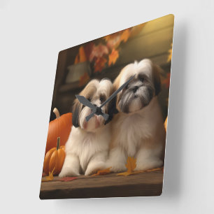 Lhasa Apso Puppy Autumn Delight Pumpkin Square Wall Clock