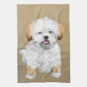 Lhasa Apso Puppy Painting - Cute Original Dog Art Tea Towel