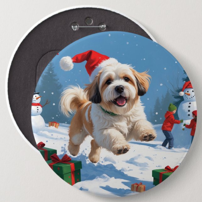 Lhasa Apso Running in Snow with Christmas Hat 6 Cm Round Badge (Front & Back)