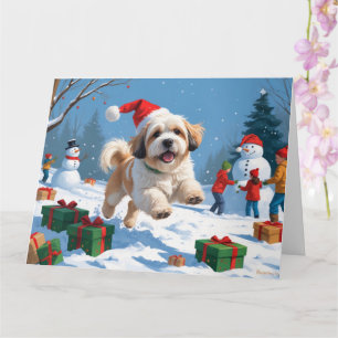 Lhasa Apso Running in Snow with Christmas Hat Card