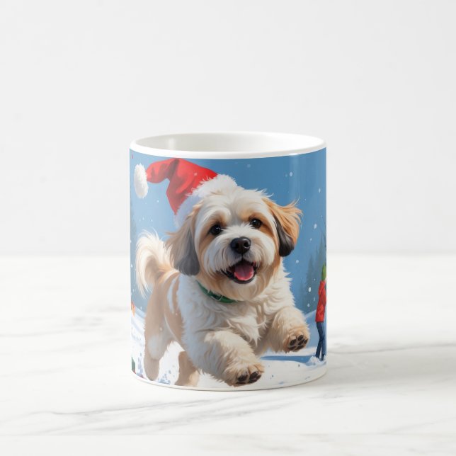 Lhasa Apso Running in Snow with Christmas Hat Coffee Mug (Center)