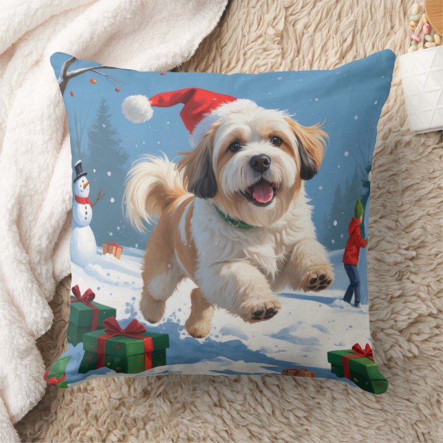 Lhasa Apso Running in Snow with Christmas Hat Cushion (Blanket)