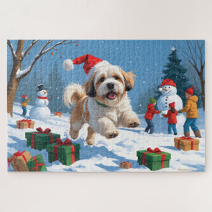 Lhasa Apso Running in Snow with Christmas Hat Jigsaw Puzzle