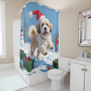 Lhasa Apso Running in Snow with Christmas Hat Shower Curtain