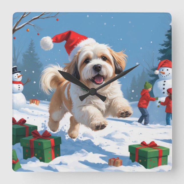Lhasa Apso Running in Snow with Christmas Hat Square Wall Clock (Front)