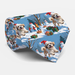 Lhasa Apso Running in Snow with Christmas Hat Tie